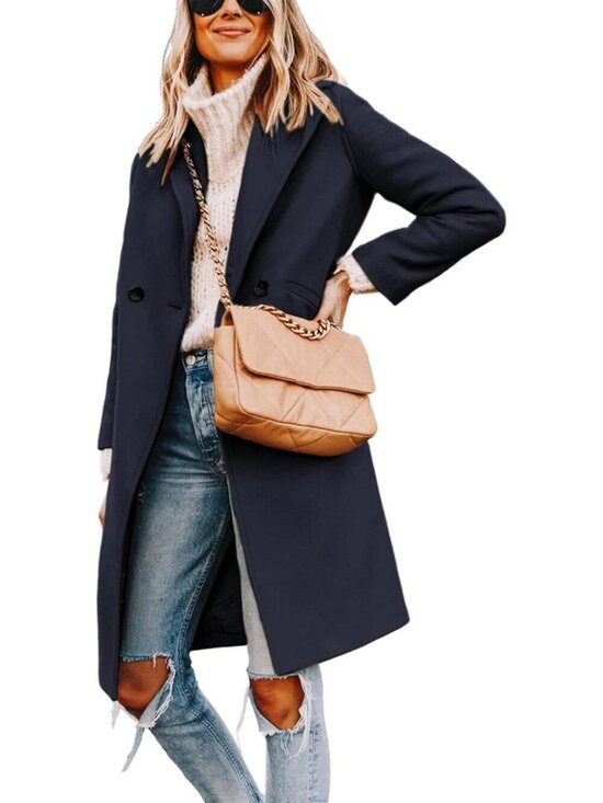 Jackets & Blazers - Women's Notch Lapel Double Breasted Navy Wool Blend Mid Long Pea Trench Coat